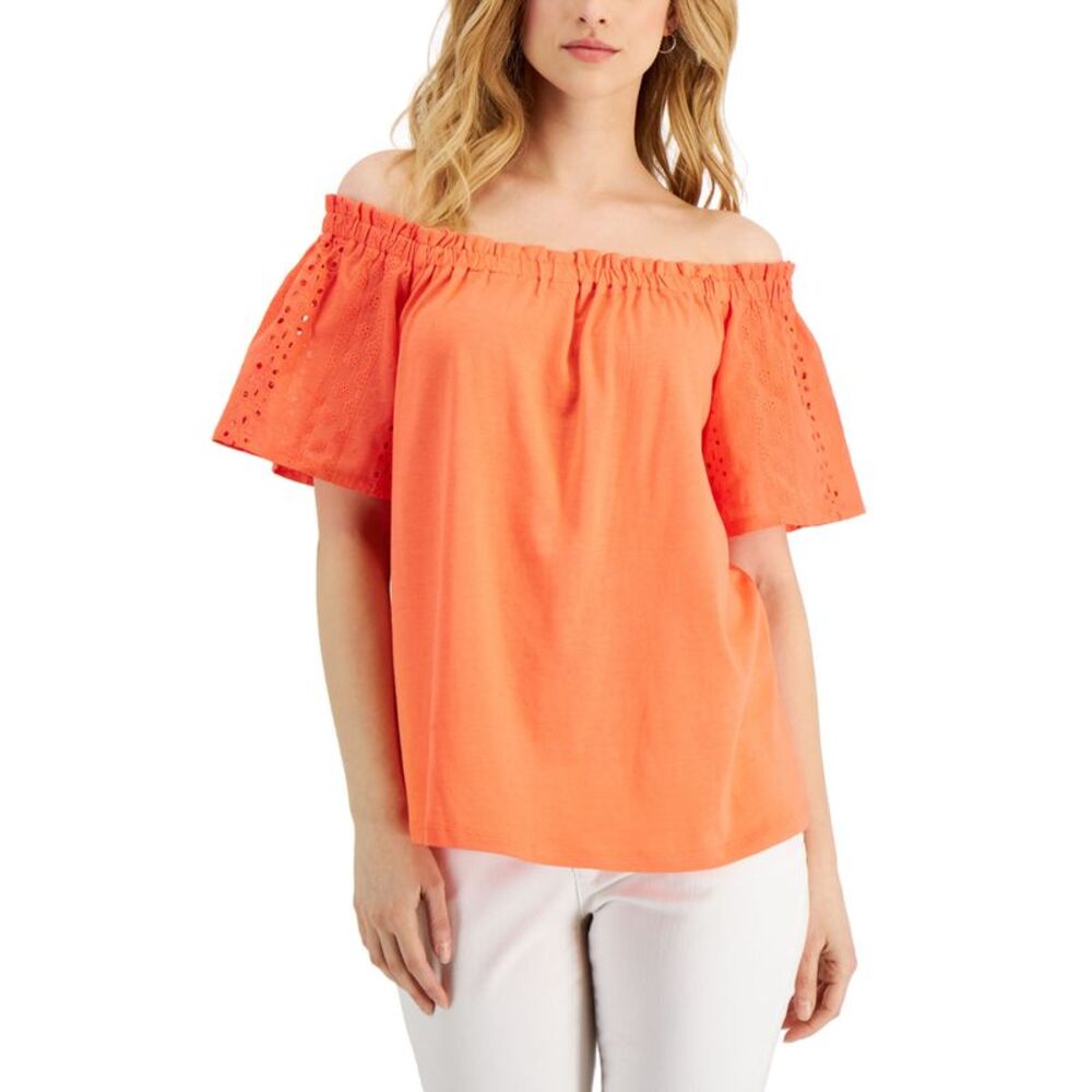 Charter Club Womens Eyelet-Sleeve Off-The-Shoulder Top